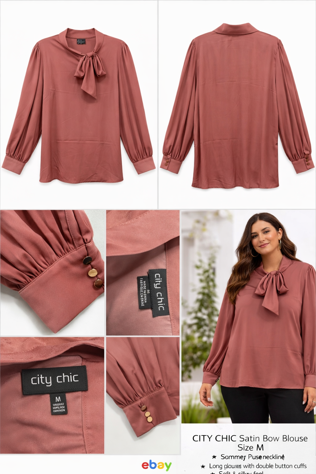 🌸 City Chic Chiffon Bow Blouse Plus Size M (18) Dusty Rose Elegant Long Sleeve