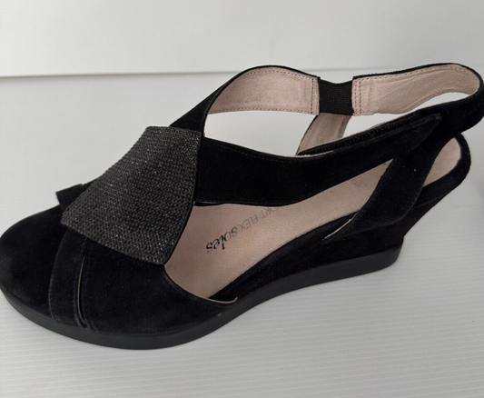 TAKING SHAPE Black Suede Wedge Peep Toe Leather Shoes Size 40 As New RRP $150