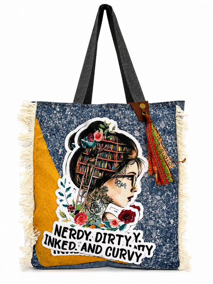 ⭐ Upcycled Denim Tote Bag -Nerdy Dirty Inked & Curvy – Handmade Eco-Friendly NEW