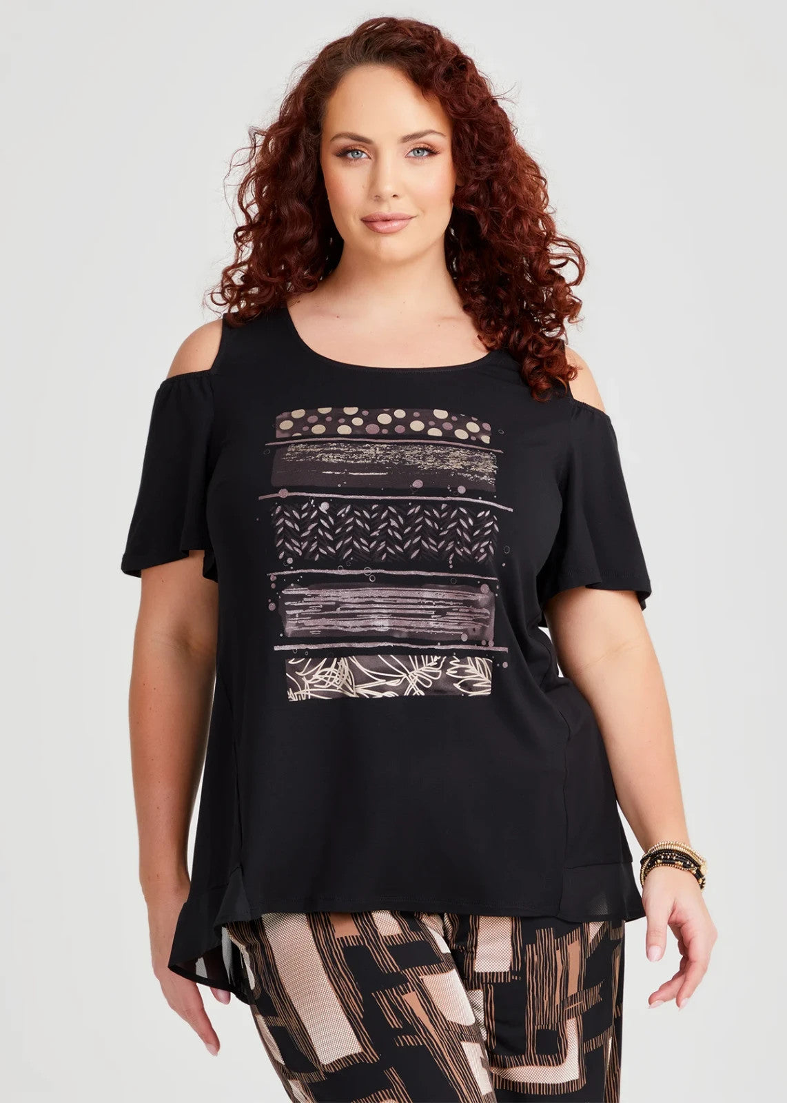 Taking Shape Cold Shoulder Bamboo Foil Top in Black/Bronze Size 22 -RRP $120 NEW