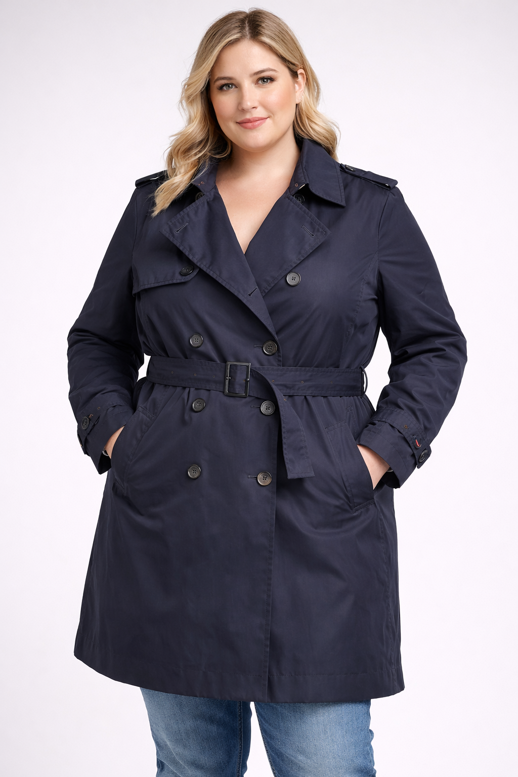 Tommy Hilfiger Navy Trench Coat Ladies XL Classic Double Breasted Belted Coat