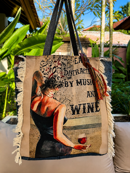 ⭐ Upcycled Denim Tote Bag “Melody & Merlot” – Handmade Eco-Friendly -NEW ⭐