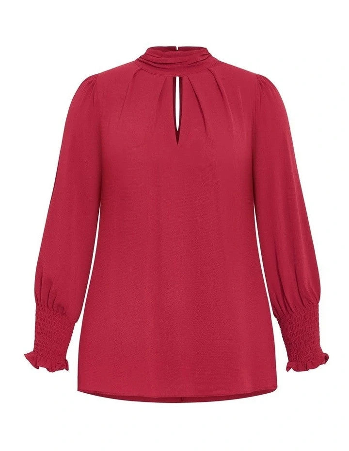 City Chic Iris High Neck Long Sleeve Top Ruby Red XXL Plus size 24 New RRP $90