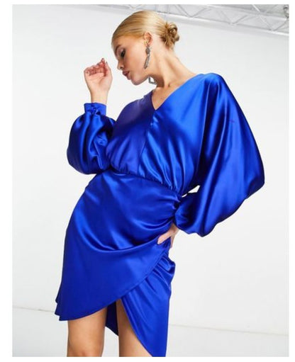 Flounce London Blue Satin Draped Mini Dress | 24 | V-Neck Wrap Style New