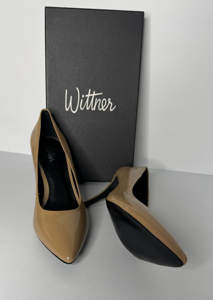 Wittner Minka Stiletto Taupe Patent 39 (AU8.5) as new perfect condition RRP $180