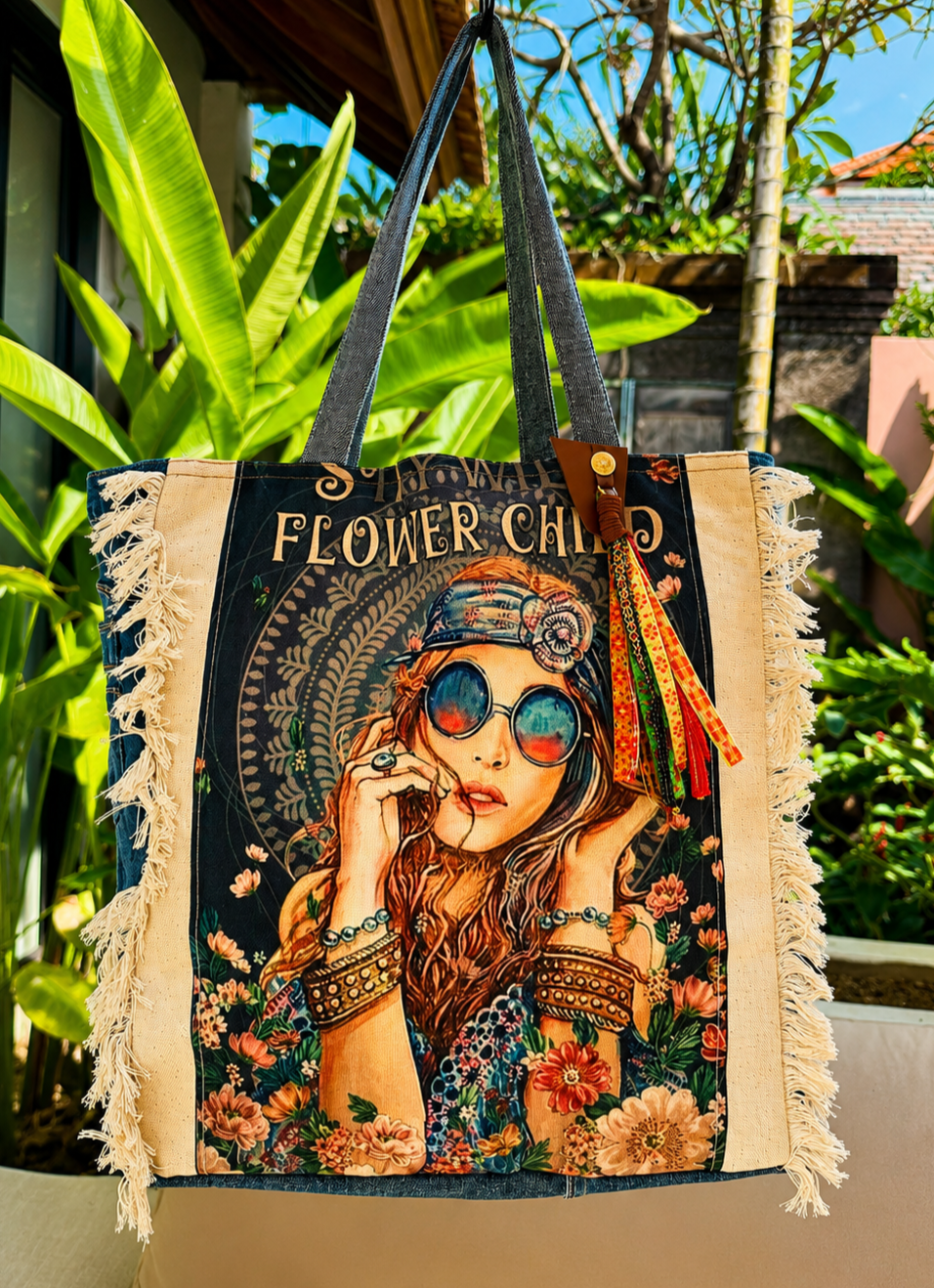 ⭐ Boho Retro “Flower Child” Upcycled Denim Tote Bag – Handmade Eco-Friendly -NEW