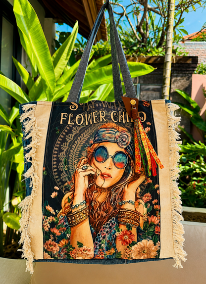 ⭐ Boho Retro “Flower Child” Upcycled Denim Tote Bag – Handmade Eco-Friendly -NEW