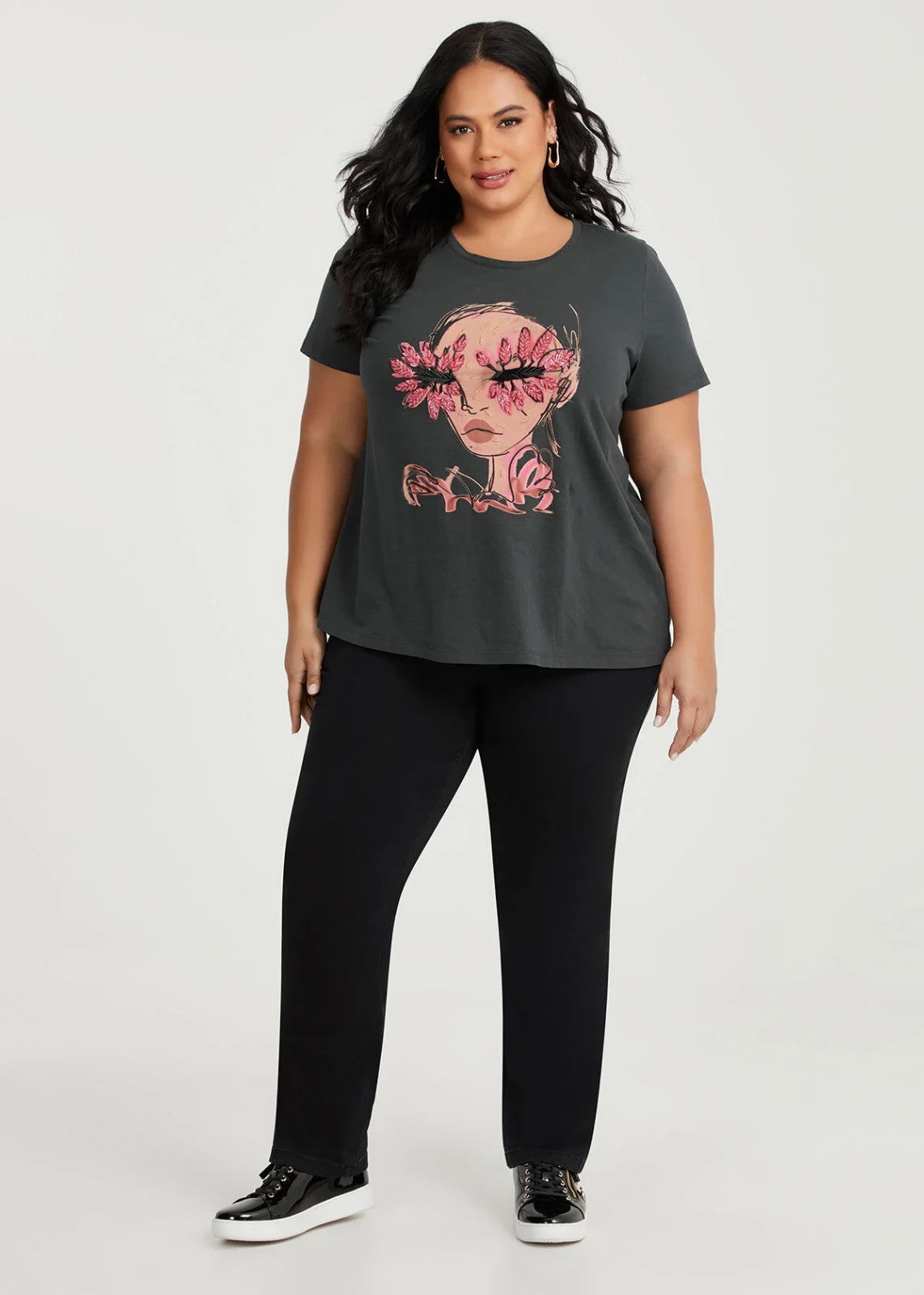 Taking Shape Cotton Embellished Face T-shirt in Graphite New 14 Plus RRP $100