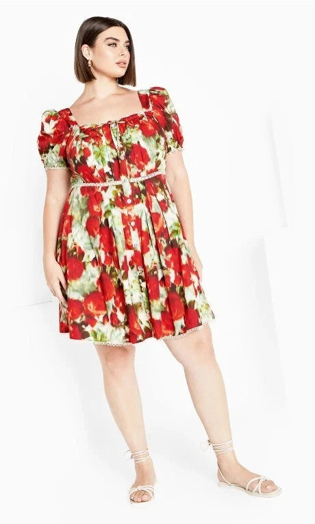 City Chic Avie Dress Floral Rose Print Puff Sleeve Dress Plus Size L 20 as New