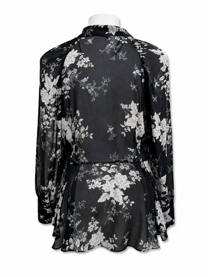 City Chic Black Floral Blouse Size S (16) Sheer Tie Neck Top Long Sleeve As New