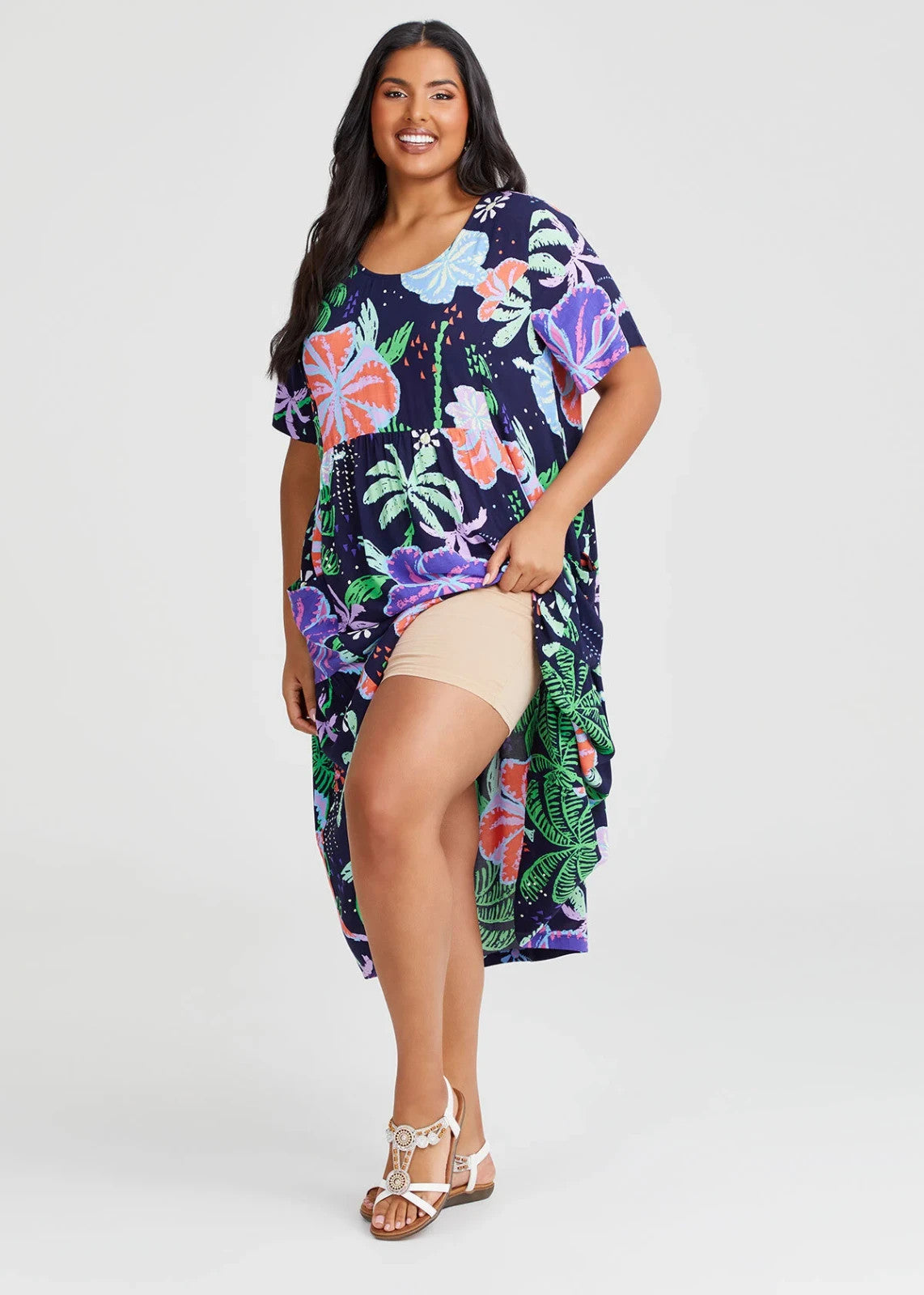 TAKING SHAPE Natural Pocket Midi Dress in Hibiscus Print Size 24 RRP$ 160