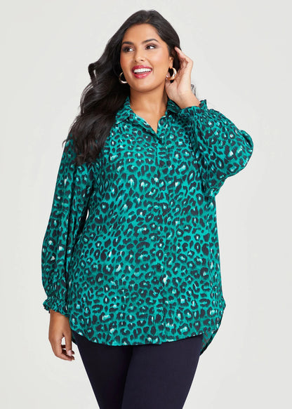 Taking Shape Natural Leopard Print Shirt Plus Size 14 Green/Black RRP $150 New