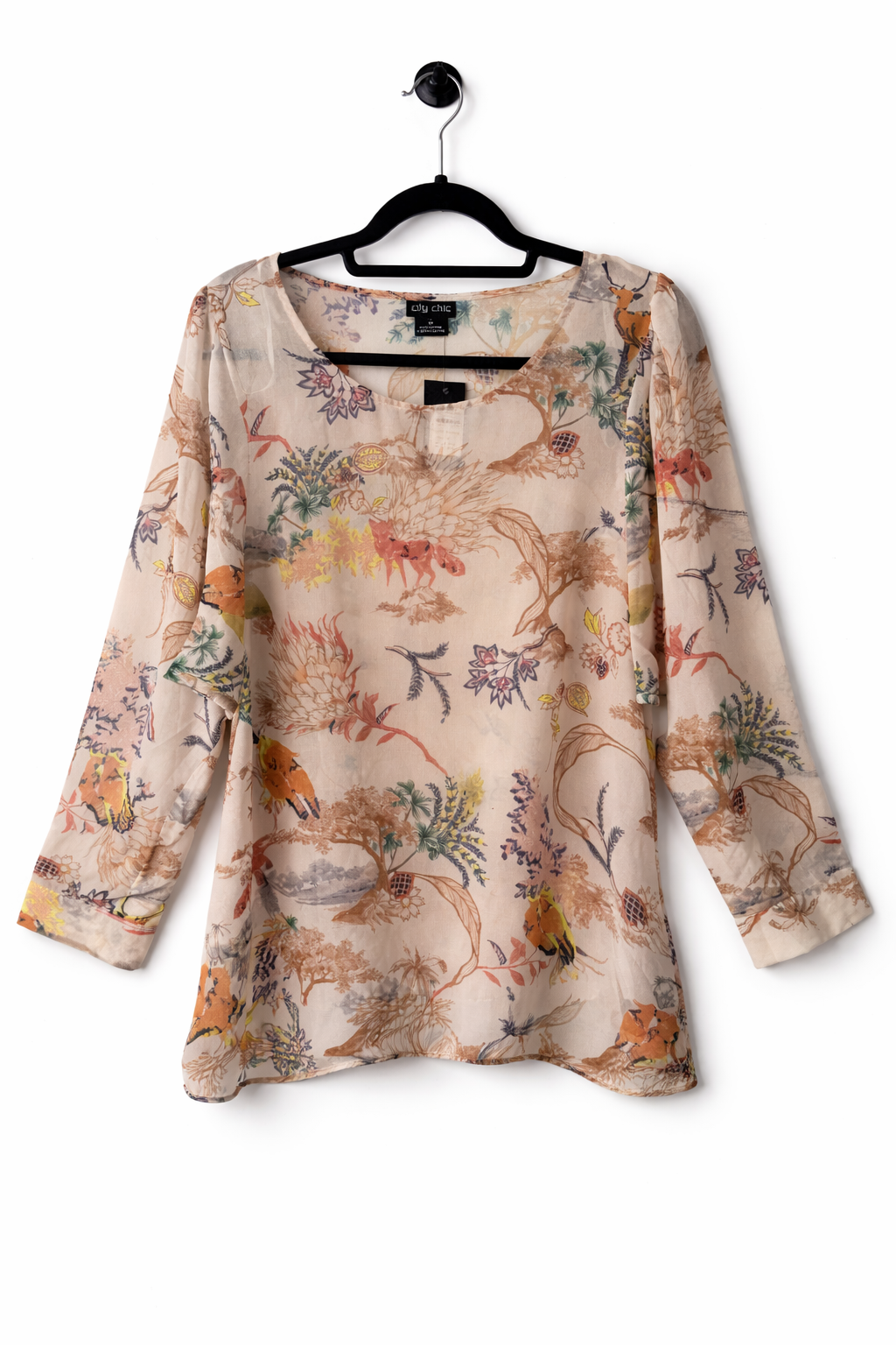 🌿 City Chic Botanical Blouse Plus Size M 18 HiLow Hem Cuffed Sleeve RRP $70 New