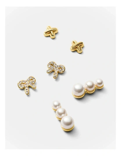 MIMCO Bow Stud Earrings Set Gold Pearl Climber Logo Studs 3 Pack RRP $99.99