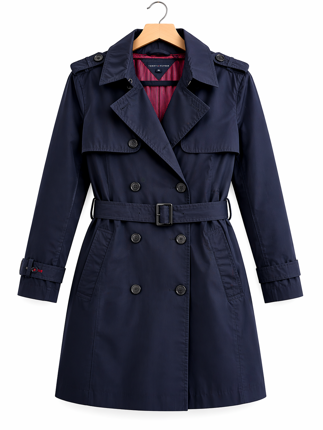 Tommy Hilfiger Navy Trench Coat Ladies XL Classic Double Breasted Belted Coat