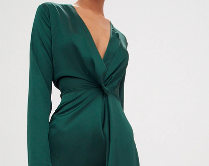 Pretty Little Thing Green Satin Long Sleeve Wrap Dress Plus Size 22 NEW RRP $100