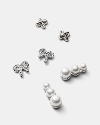MIMCO Bow Stud Earrings Set Silver Pearl Climber Logo Studs 3 Pack RRP $99.99