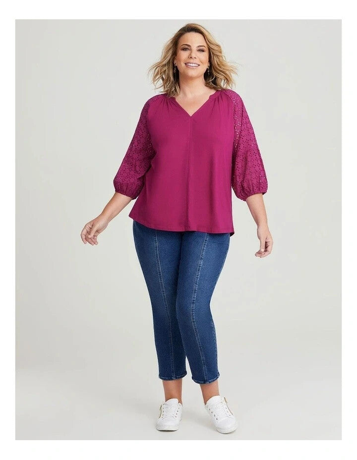 Taking Shape Cotton Broderie Notch Top Pomegranate Plus Size 14 NEW RRP $110