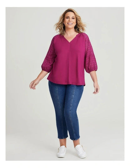 Taking Shape Cotton Broderie Notch Top Pomegranate Plus Size 14 NEW RRP $110