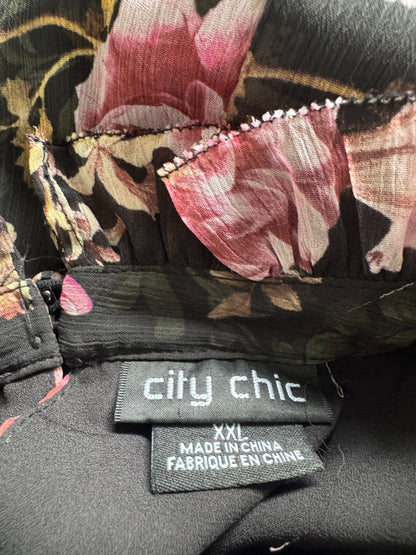 City Chic Maddison Dress XXL 24 Black Floral Lace-Up Neck Puff Sleeve Plus Size