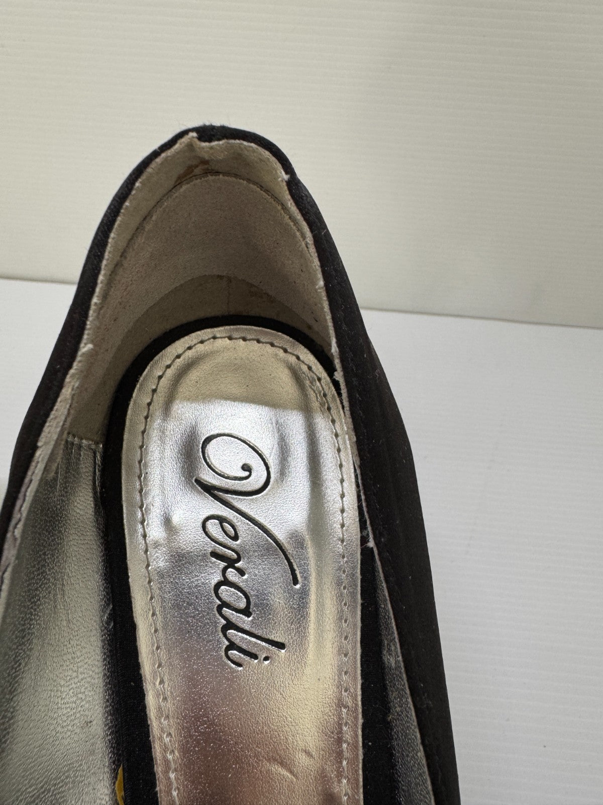 Verali  Diamante Bow Black Satin Heels Elegant Evening Shoes - Size 10