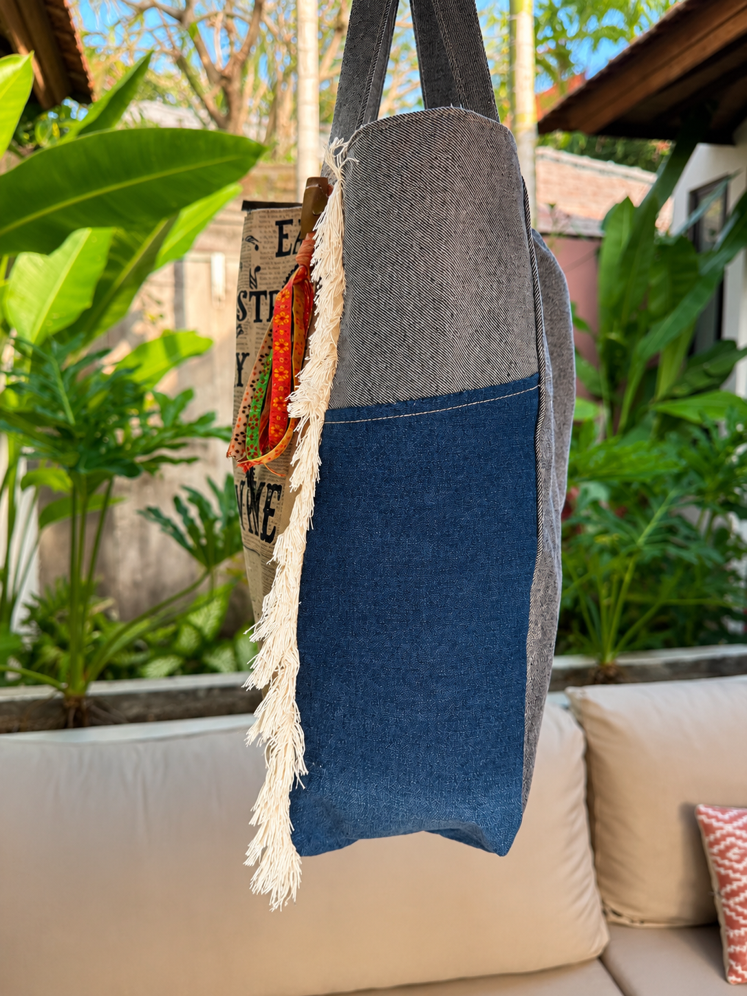⭐ Upcycled Denim Tote Bag “Melody & Merlot” – Handmade Eco-Friendly -NEW ⭐