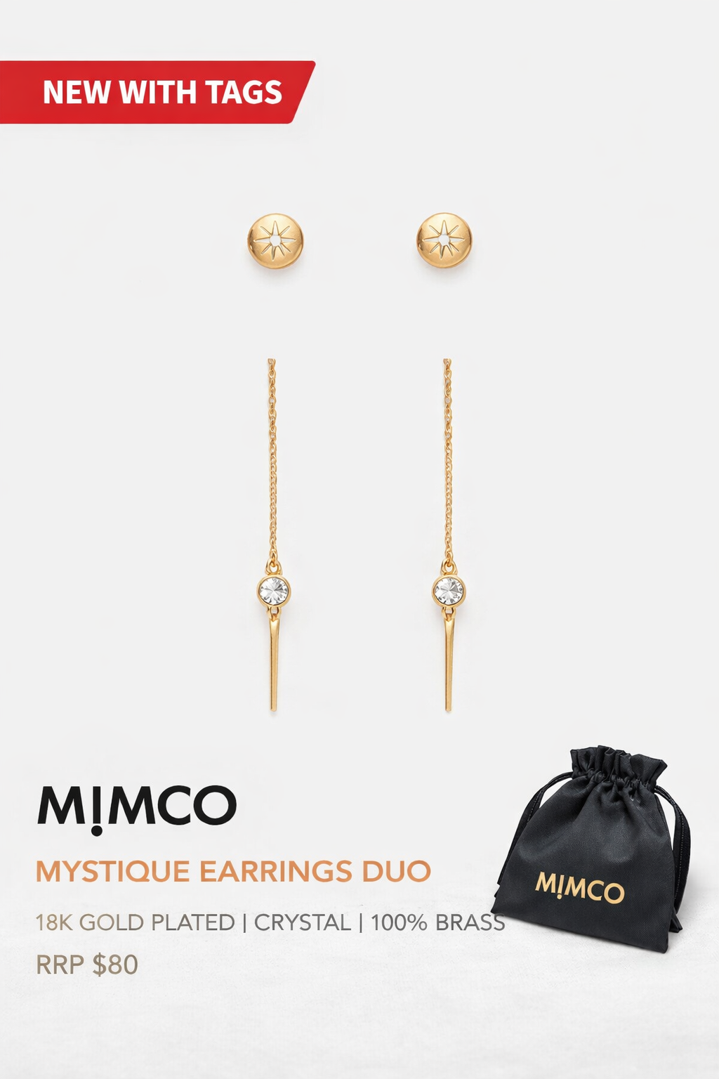 MIMCO Mystique Earrings Duo set  in Gold 4 pieces ✨ with Dust Bag RRP $79.99 ✨