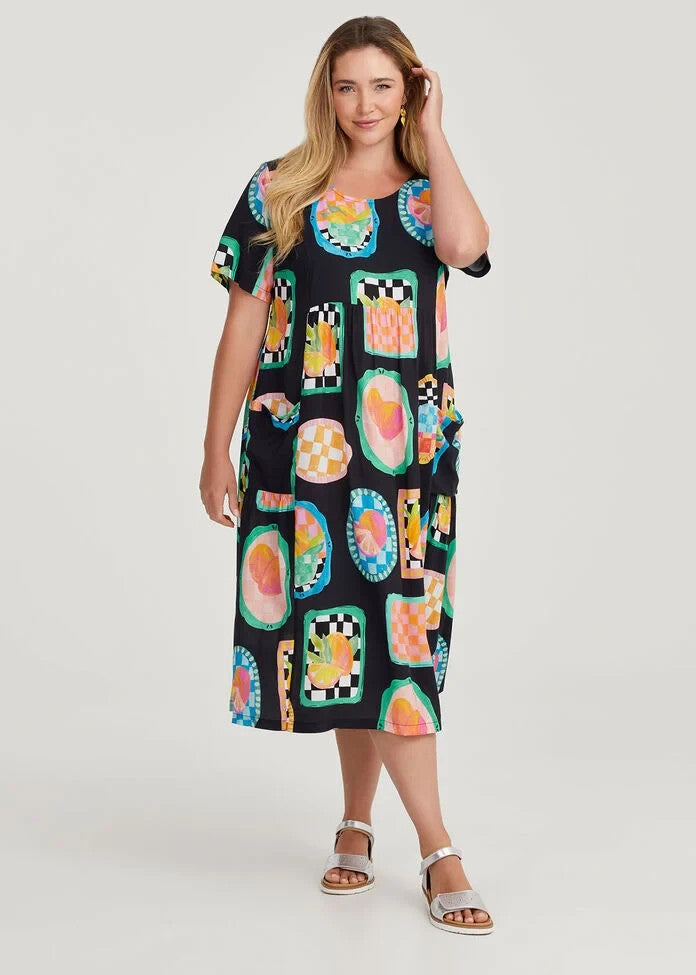 TAKING SHAPE Natural Pocket Midi Dress in Fruit Print Size 24 RRP$ 150