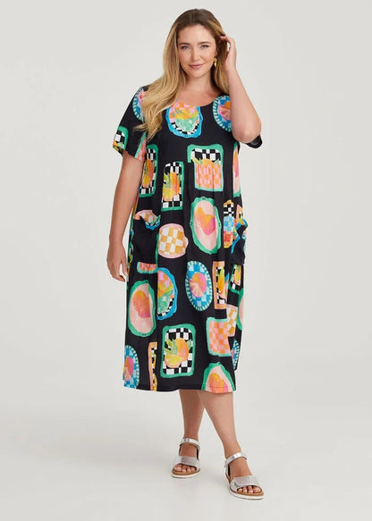 TAKING SHAPE Natural Pocket Midi Dress in Fruit Print Size 24 RRP$ 150