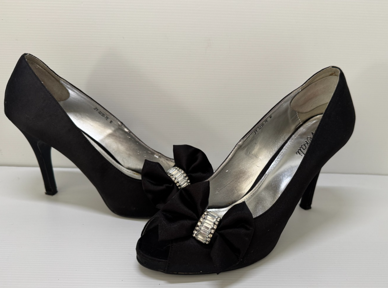 Verali  Diamante Bow Black Satin Heels Elegant Evening Shoes - Size 10