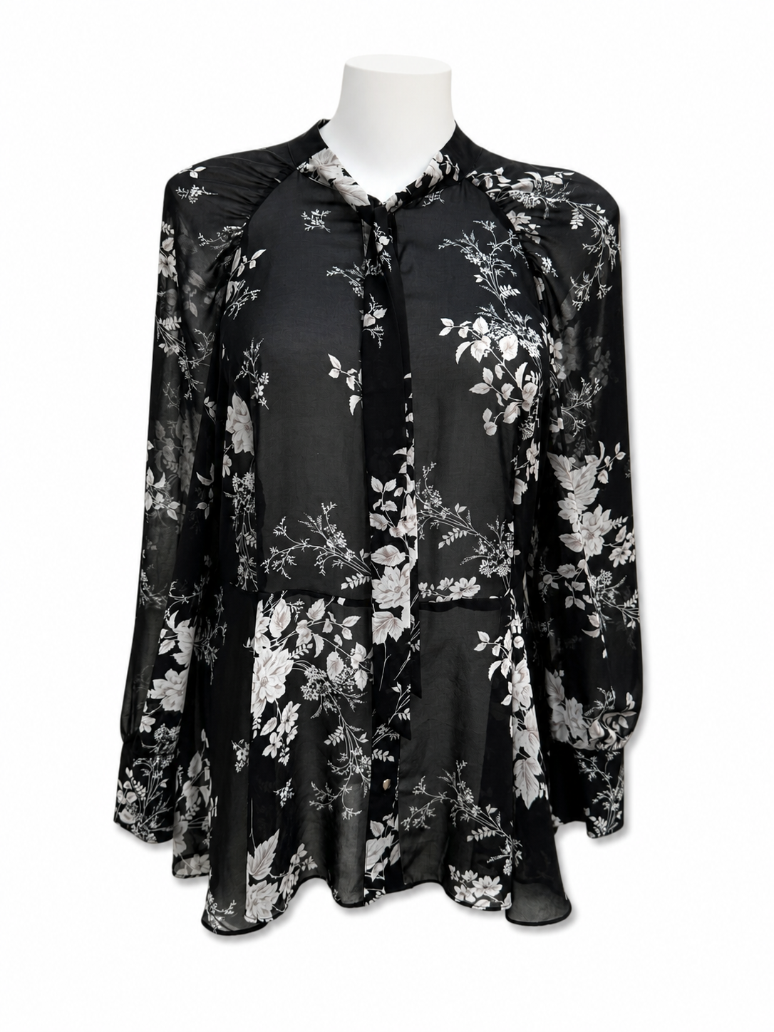 City Chic Black Floral Blouse Size S (16) Sheer Tie Neck Top Long Sleeve As New