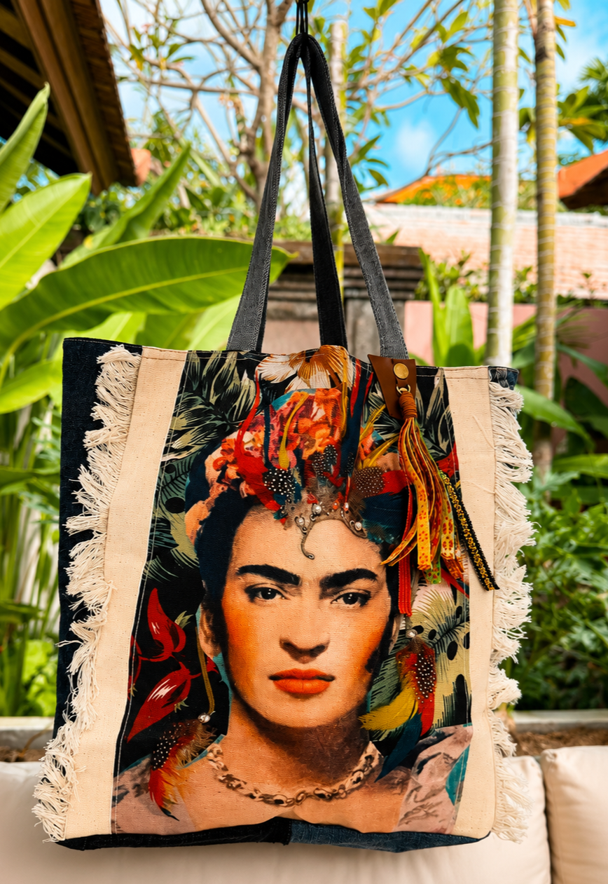 ⭐ Frida Kahlo “Frida Luxe” Upcycled Denim Tote Bag – Handmade Eco-Friendly NEW