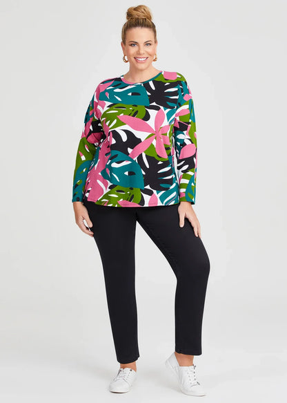 Taking Shape Cotton Graphic Palm Long Sleeve Cotton  Top Plus Size 14 RRP $99