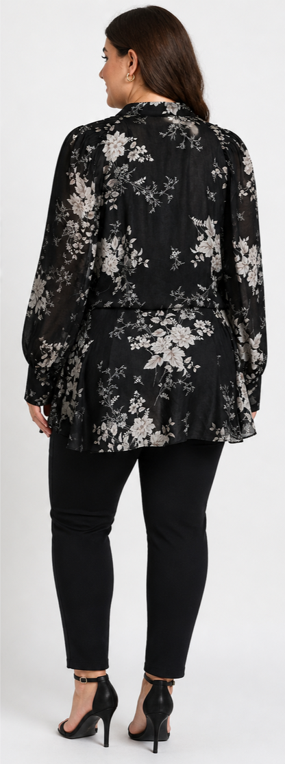 City Chic Black Floral Blouse Size S (16) Sheer Tie Neck Top Long Sleeve As New