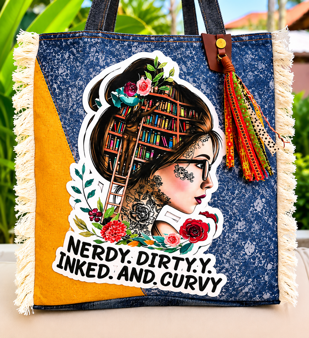 ⭐ Upcycled Denim Tote Bag -Nerdy Dirty Inked & Curvy – Handmade Eco-Friendly NEW