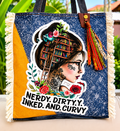 ⭐ Upcycled Denim Tote Bag -Nerdy Dirty Inked & Curvy – Handmade Eco-Friendly NEW