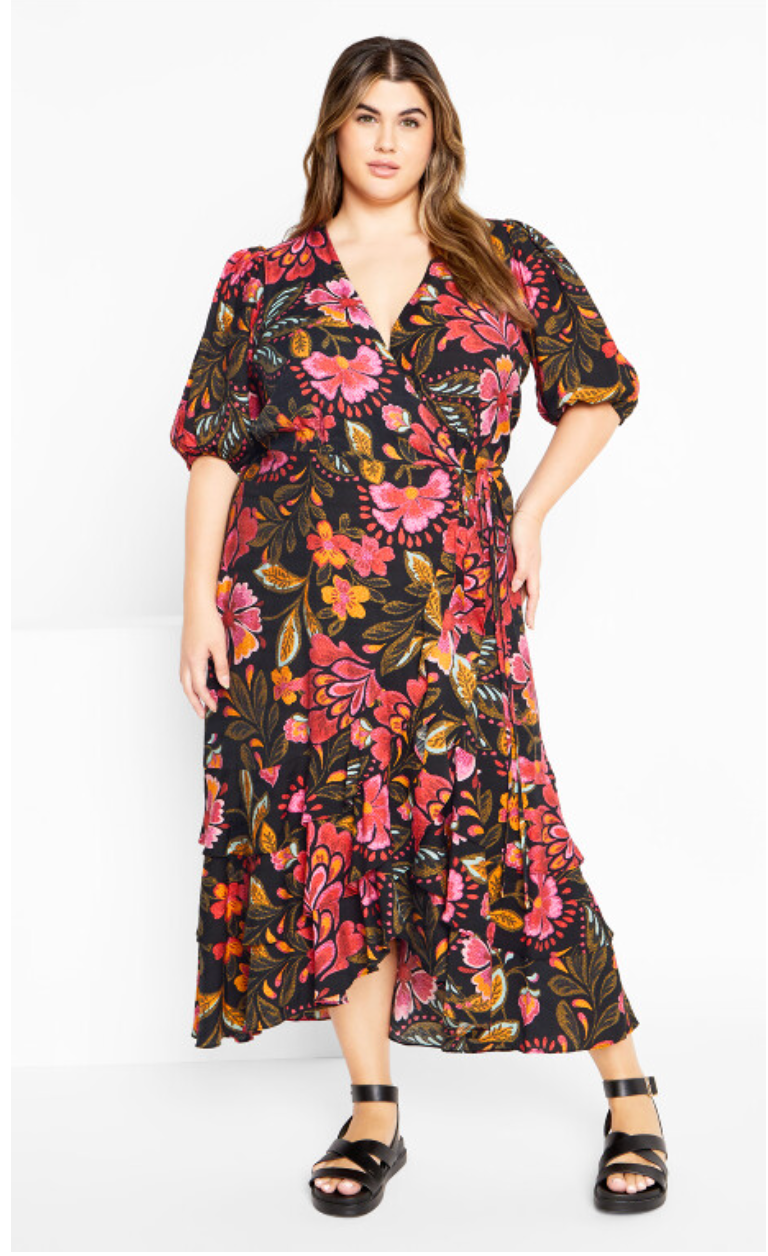 City Chic Bea Print Wrap Maxi Dress - Black/Red/Pink Plus ❤️ Size 18 ❤️ RRP $150