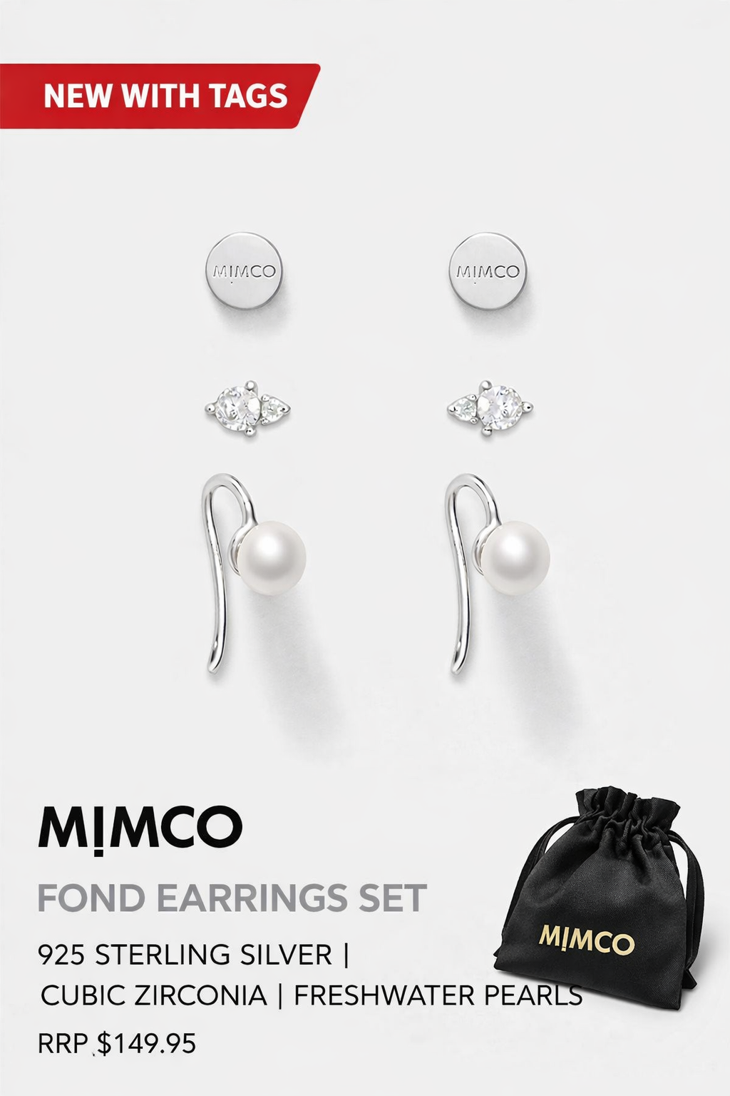 MIMCO Fond Earring Set 925 Sterling Silver CZ Pearl 3 Pack NEW Dust Bag RRP $150