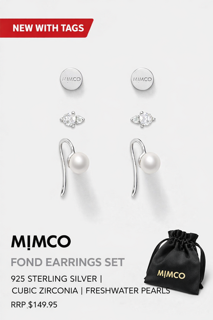 MIMCO Fond Earring Set 925 Sterling Silver CZ Pearl 3 Pack NEW Dust Bag RRP $150