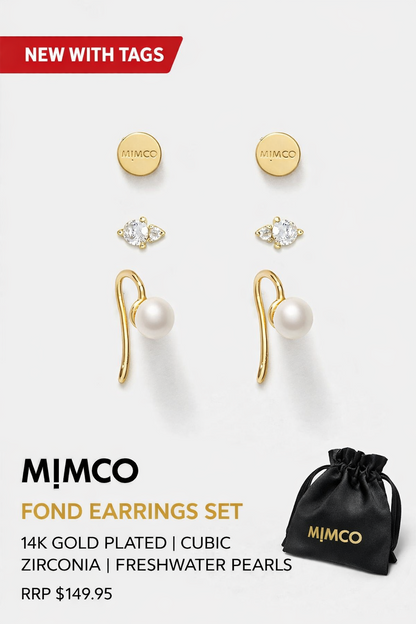 MIMCO Fond Earrings Set Gold 14K Plated CZ Pearl 3 Pack NEW Dust Bag RRP $149.99