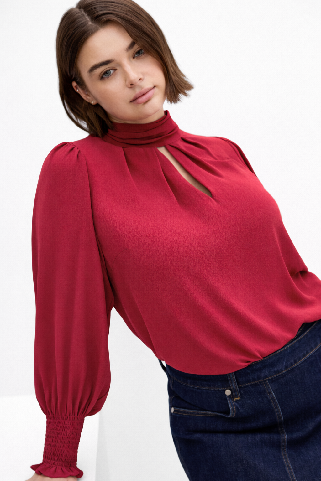 City Chic Iris High Neck Long Sleeve Top Ruby Red XXL Plus size 24 New RRP $90