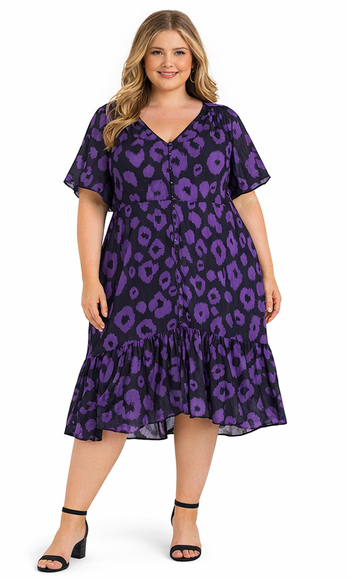 Taking Shape Plus Size 22 Purple Leopard Print Dress Viscose Midi Tiered