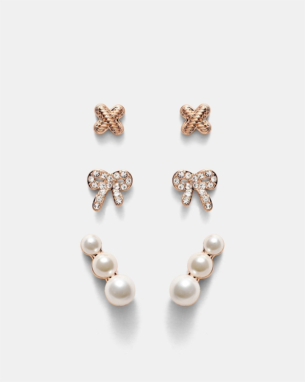 MIMCO Bow Stud Earrings Set Rose Gold Pearl Climber Logo Studs 3 Pack RRP $99.99