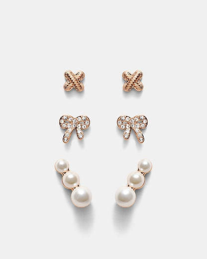 MIMCO Bow Stud Earrings Set Rose Gold Pearl Climber Logo Studs 3 Pack RRP $99.99