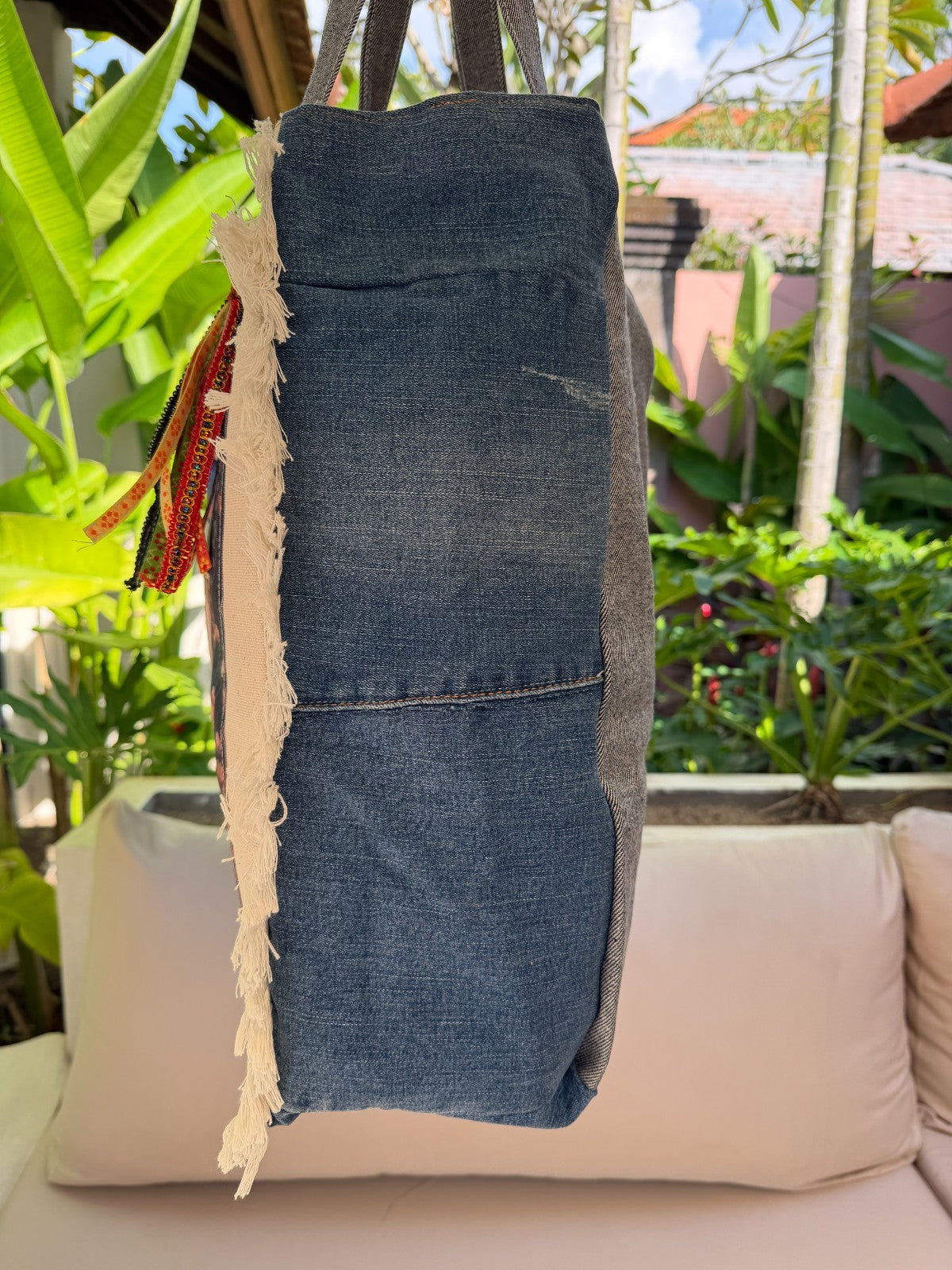 ⭐ Boho Retro “Flower Child” Upcycled Denim Tote Bag – Handmade Eco-Friendly -NEW