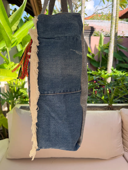 ⭐ Boho Retro “Flower Child” Upcycled Denim Tote Bag – Handmade Eco-Friendly -NEW