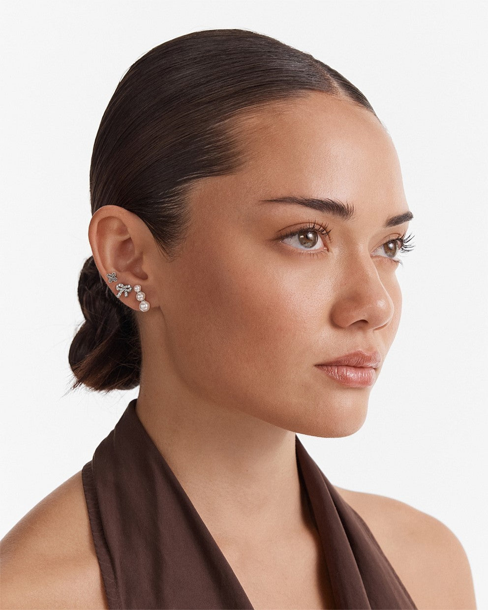 MIMCO Bow Stud Earrings Set Silver Pearl Climber Logo Studs 3 Pack RRP $99.99
