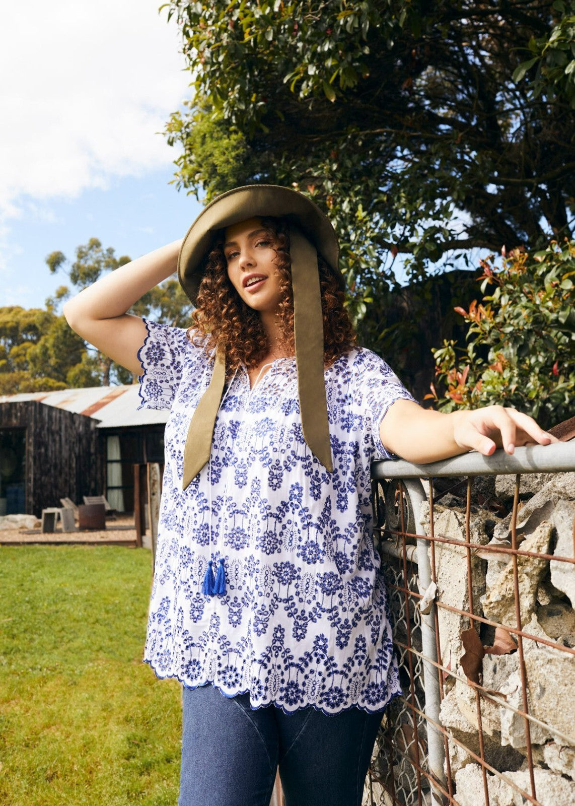 ✨ Taking Shape Natural Contrast Broderie Top ✨ Plus Size 24 | White / Blue