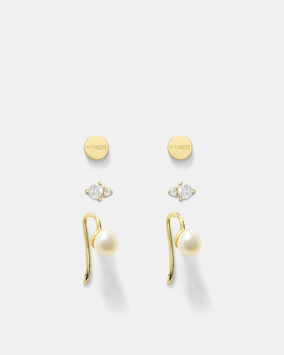 MIMCO Fond Earrings Set Gold 14K Plated CZ Pearl 3 Pack NEW Dust Bag RRP $149.99