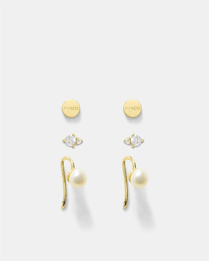 MIMCO Fond Earrings Set Gold 14K Plated CZ Pearl 3 Pack NEW Dust Bag RRP $149.99